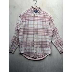 VTG 90s Ralph Lauren Madras Shirt Men's L Pink Plaid Long Hand Woven Cotton